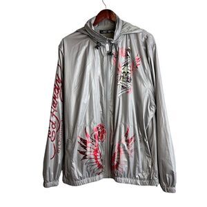 ED HARDY Jacket Men's XXL Skull Eagle Logo Y2K Hoodie Full Zip Lightweight Gray